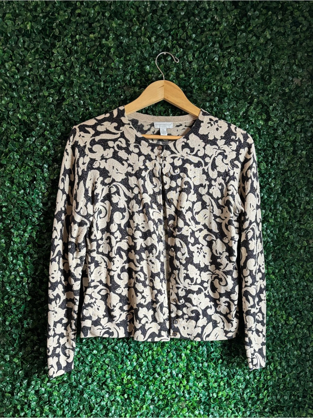 Charter Club Black Cream Gold Petite Large Button Cardigan